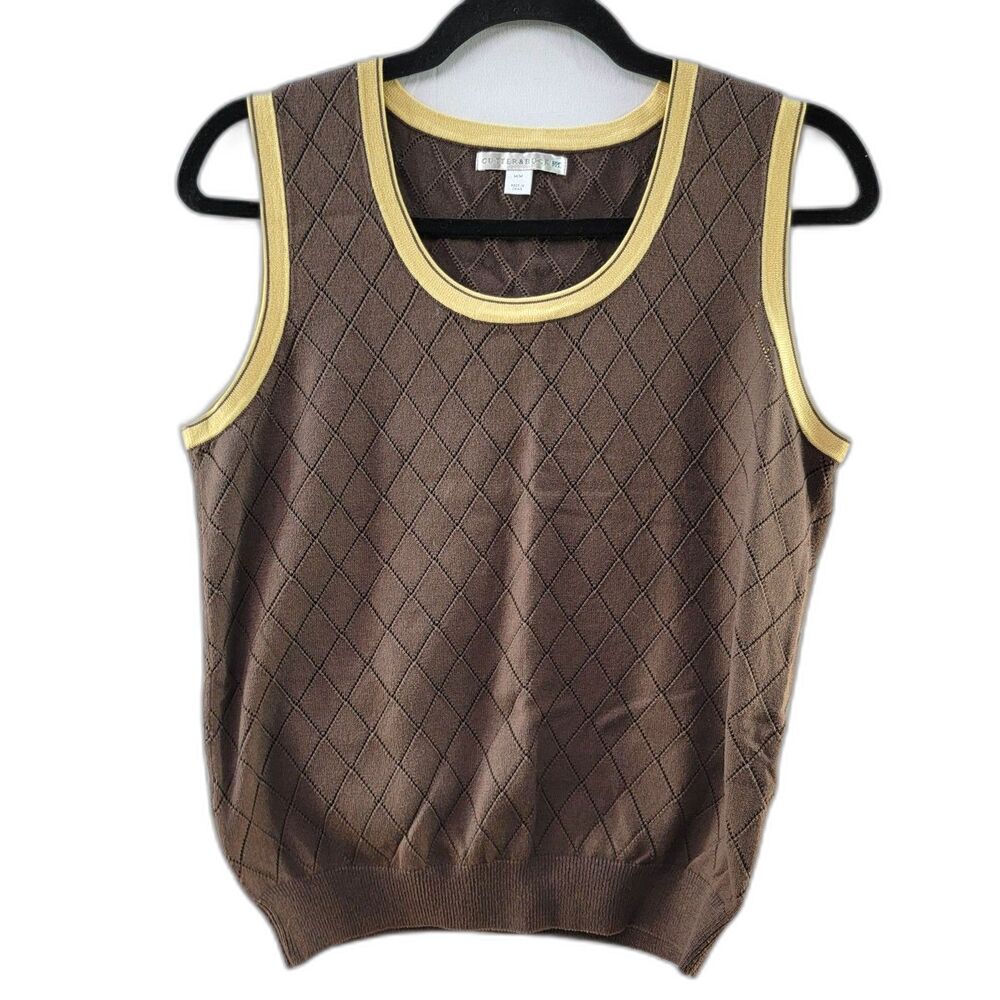 Cutter & Buck Brown Sweater Vest Sleeveless Scoop Neck Harlequin Pattern Size M